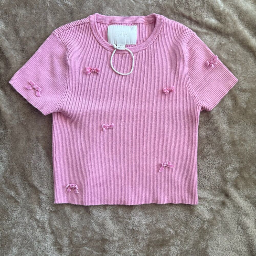 Zara Knit Pink Bow Ribbed Short Sleeve Sweater Top NWT